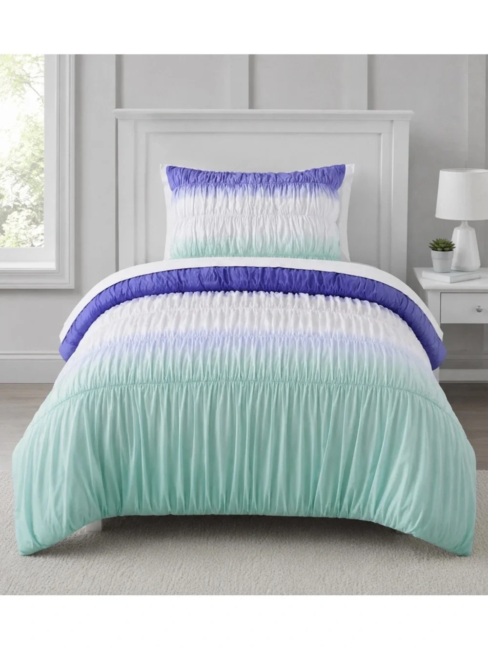 Pottery Barn Teen Ombre Ruffled Duvet Cover & Sham Purple White Mint dip dye